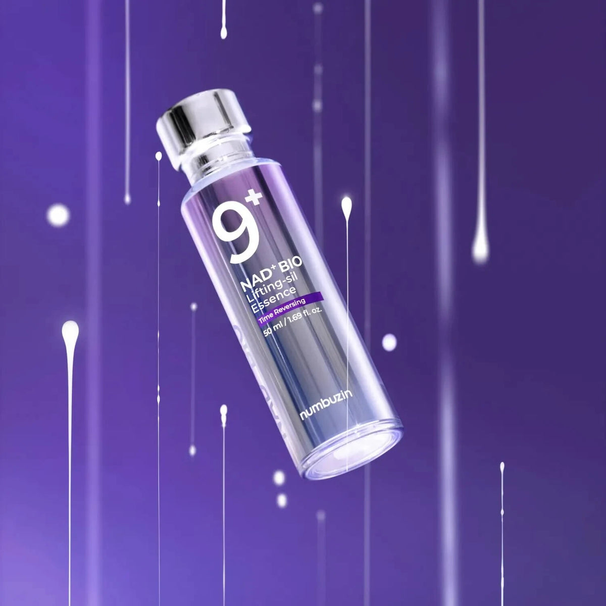 Clear bottle with silver cap labeled '9+' on a purple background