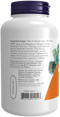 NOW Foods Supplements, Calcium And Magnesium with Vitamin D-3 and Zinc, Supports Bone Health*, 120 Softgels