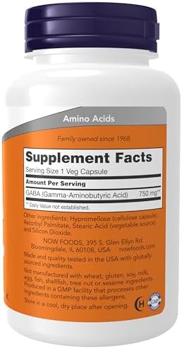 NOW Foods GABA 750mg – Non-Protein Amino Acid, 100 Veg Capsules