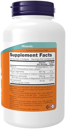 NOW Foods Supplements, Calcium And Magnesium with Vitamin D-3 and Zinc, Supports Bone Health*, 120 Softgels