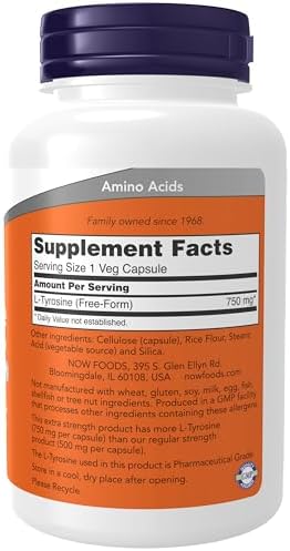NOW Supplements, L-Tyrosine 750 mg, Supports Mental Alertness*, Neurotransmitter Support*, 90 Veg Capsules