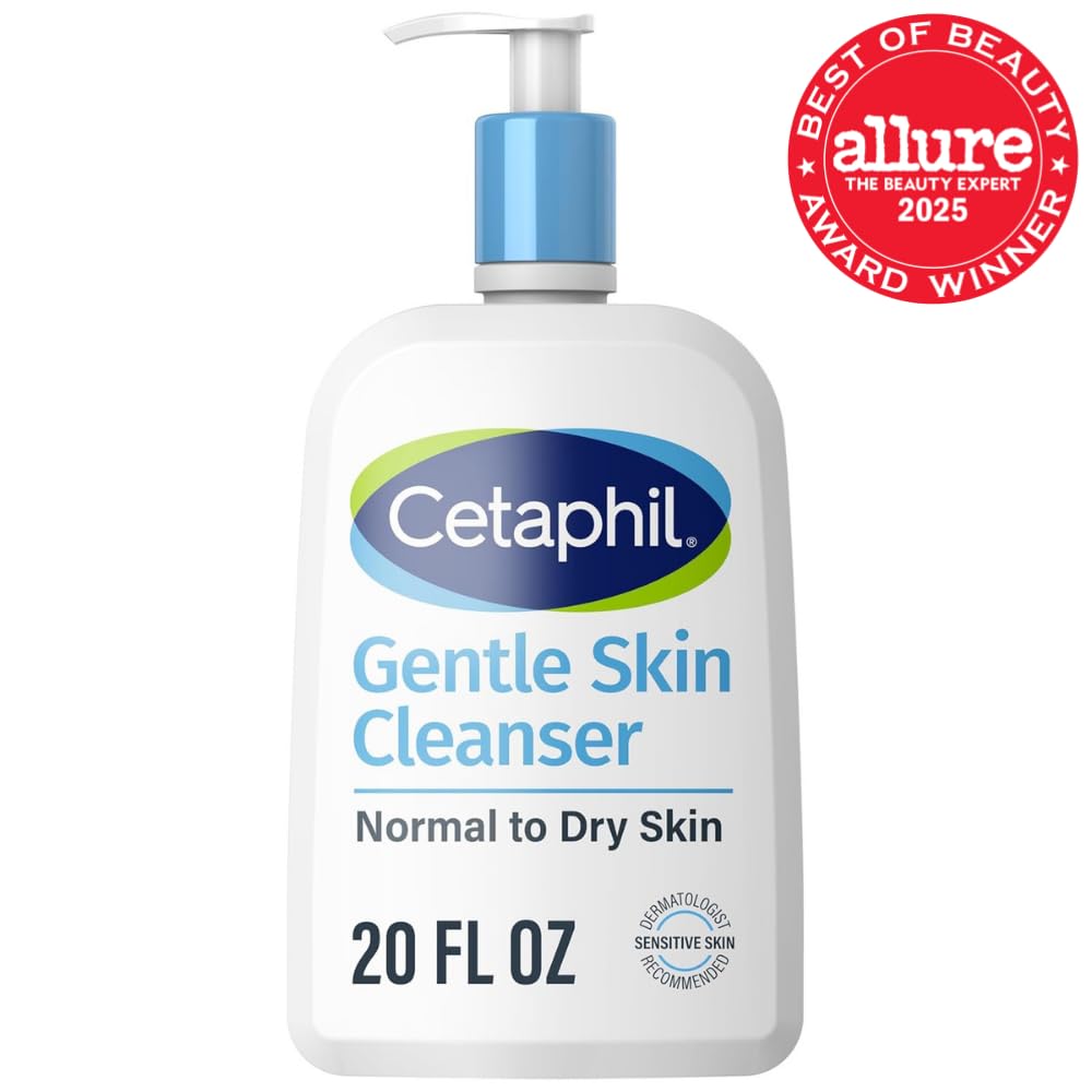 Cetaphil Gentle Skin Cleanser bottle with pump on a white background, featuring Allure Best of Beauty Award badge.