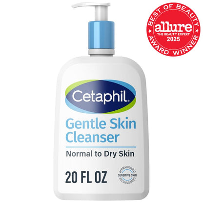 Cetaphil Gentle Skin Cleanser bottle with pump on a white background, featuring Allure Best of Beauty Award badge.