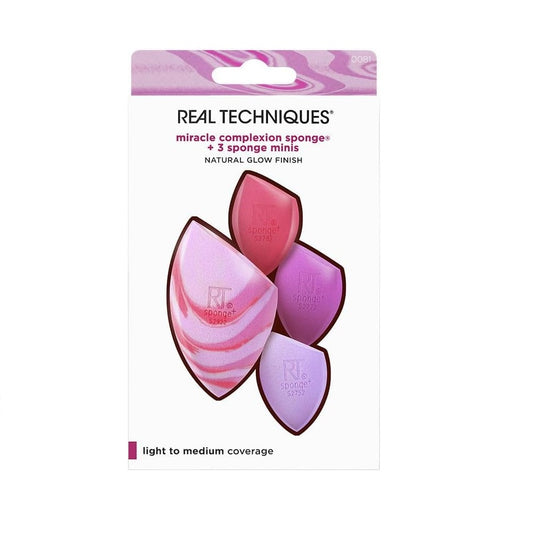Real Techniques makeup sponges packaging with pink and purple design on a white background