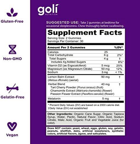 Goli Dreamy Sleep Gummy - 60 Count - Melatonin, Vitamin D, Magnesium, and Lemon Balm Extract - Gelatin-Free, Gluten-Free, Vegan &amp; Non-GMO