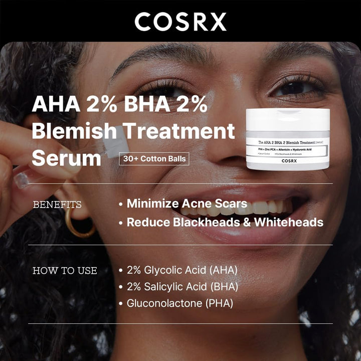 COSRX AHA 2% BHA 2% Blemish Treatment Serum, 60+ Pure Cotton Balls