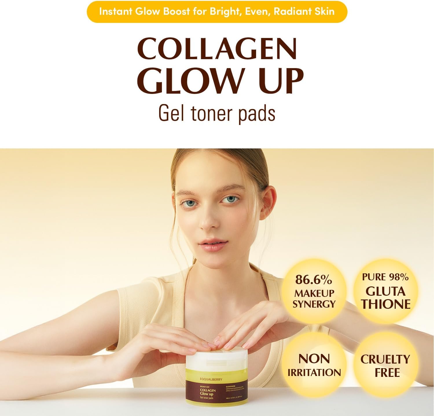 EQQUALBERRY Collagen Glow Up Gel Toner Pads 140ml (60 Pads)