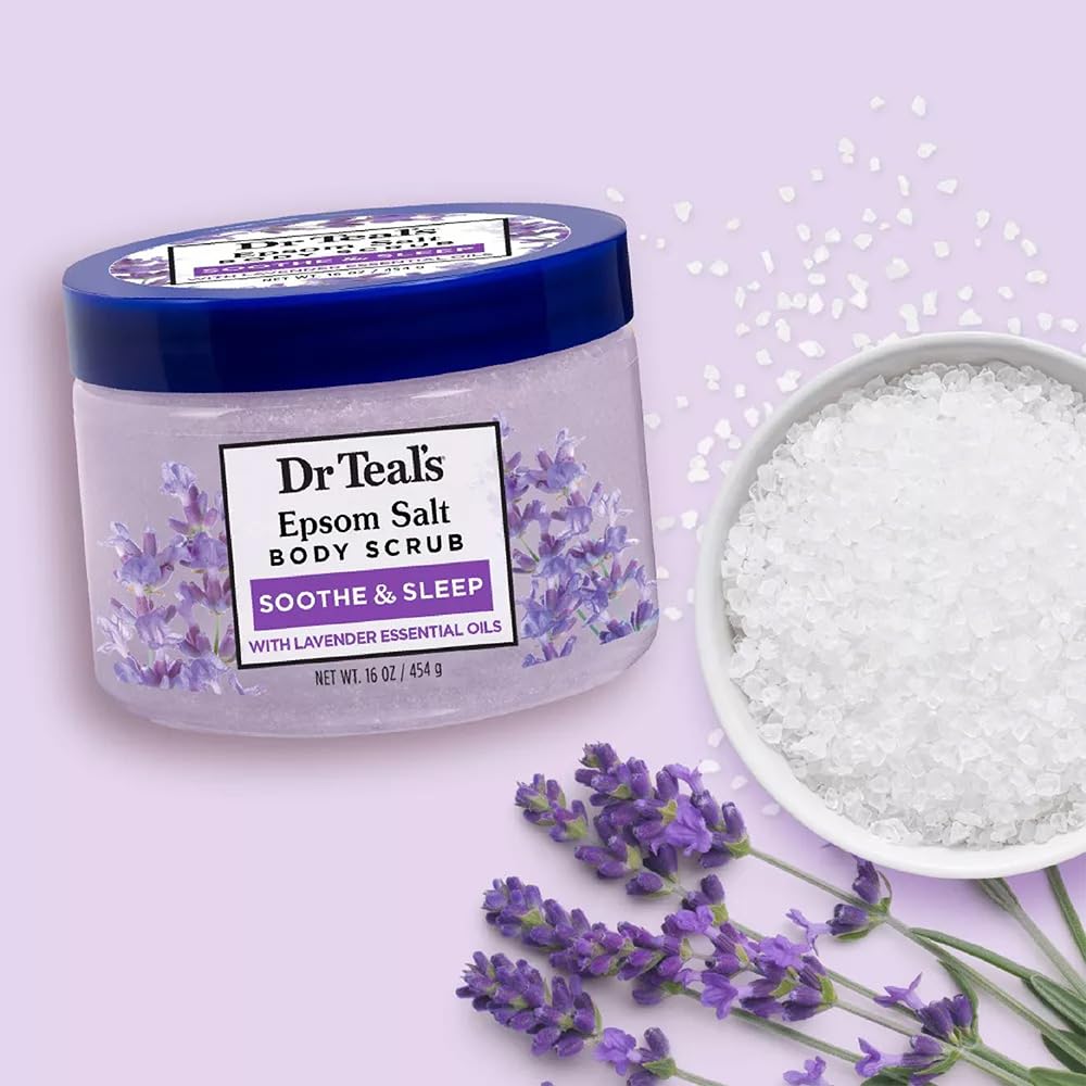 Dr Teal's Pure Epsom Salt Body Scrub, Soothe & Sleep with Lavender Essential Oils, 16 oz