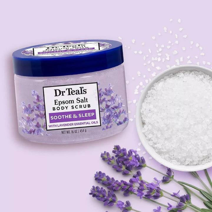 Dr Teal's Pure Epsom Salt Body Scrub, Soothe & Sleep with Lavender Essential Oils, 16 oz