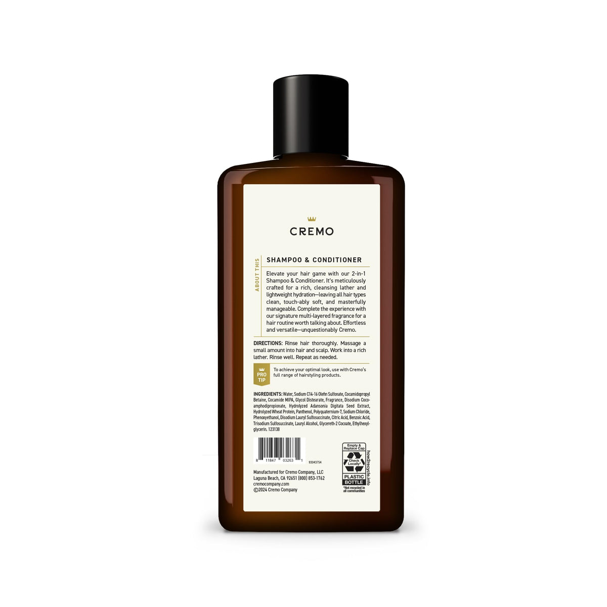 Cremo Bourbon & Oak 2 in 1 Shampoo & Conditioner for Men 16 Fl Oz