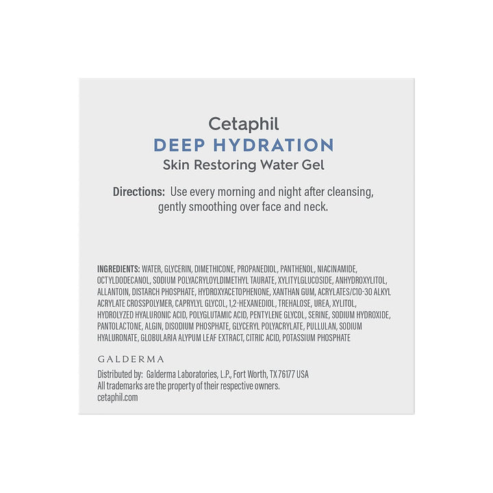 Cetaphil Deep Hydration Skin Restoring Water Gel with Hyaluronic and Polyglutamic Acid, Face Moisturizer, 72 Hour Hydration, For Dry, Dehydrated Sensitive Skin, Fragrance Free, 1.7 oz, Fragrance Free