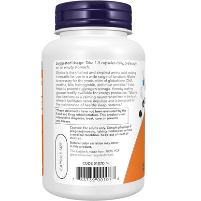 NOW Foods Glycine Supplement Vitamin | 1000 Mg | 100 Veg Caps