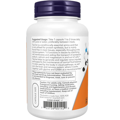 NOW Foods Double Strength Taurine Supplement Vitamin | 1000 Mg | 100 Veg Caps
