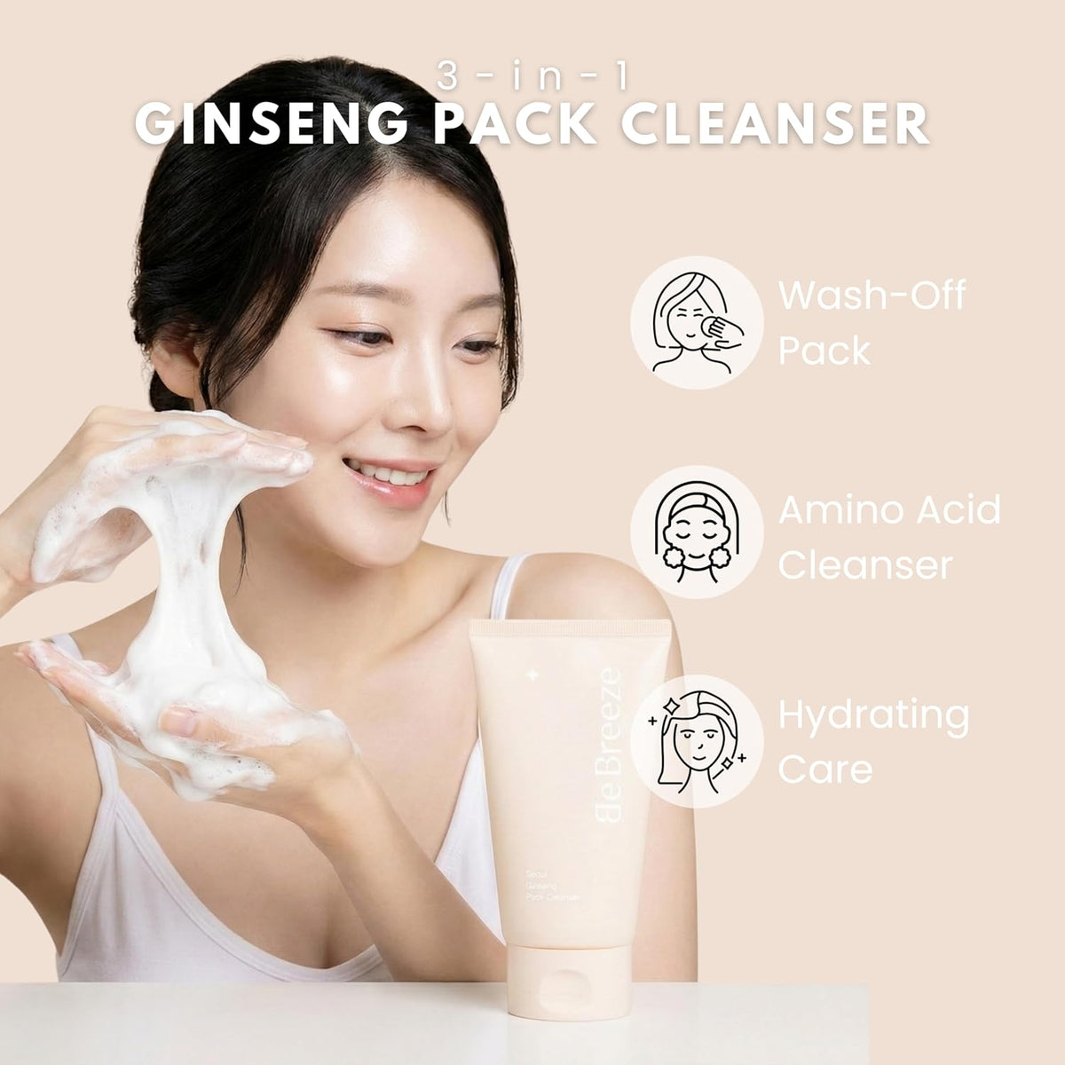 BeBreeze Seoul Ginseng Pack Cleanser – 3-in-1 Ginseng Wash-Off Pack & Amino Acid Facial Wash 4.23oz