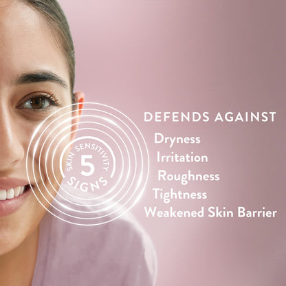 Woman's face with Cetaphil Healthy Radiance PHA Exfoliating Face Wash text on a pink background