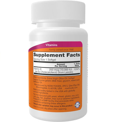 NOW Foods Supplements, Vitamin D-3 10,000 IU, Highest Potency, Structural Support*, 120 Softgels