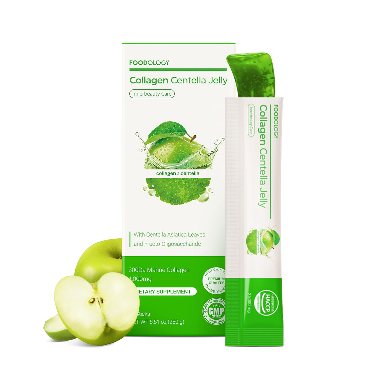 FOODOLOGY Collagen Centella Jelly (Green Apple) – Collagen Peptide with PDRN – Biotin, Vitamin A & E for Skin Glow, Hair & Nails – 10 Sticks
