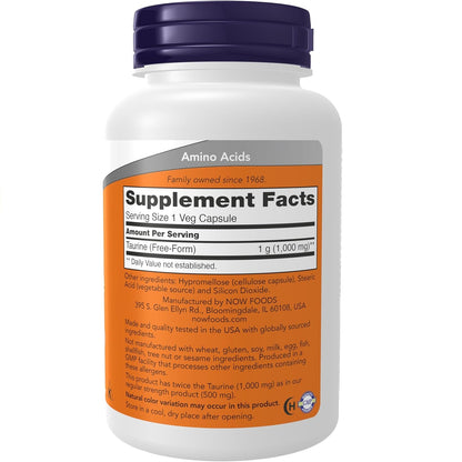 NOW Foods Double Strength Taurine Supplement Vitamin | 1000 Mg | 100 Veg Caps