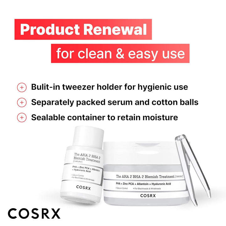 COSRX AHA 2% BHA 2% Blemish Treatment Serum, 60+ Pure Cotton Balls