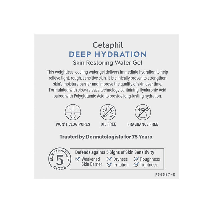 Cetaphil Deep Hydration Skin Restoring Water Gel with Hyaluronic and Polyglutamic Acid, Face Moisturizer, 72 Hour Hydration, For Dry, Dehydrated Sensitive Skin, Fragrance Free, 1.7 oz, Fragrance Free