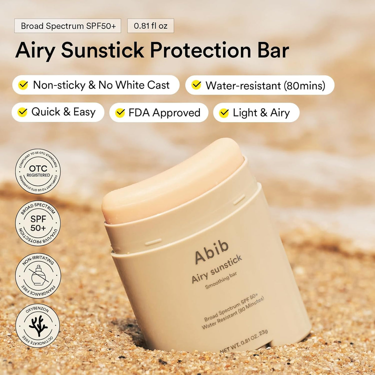 Abib Airy Sunstick Smoothing Bar SPF50+ PA++++ Soft Matte Finish 23g / 0.81 Oz