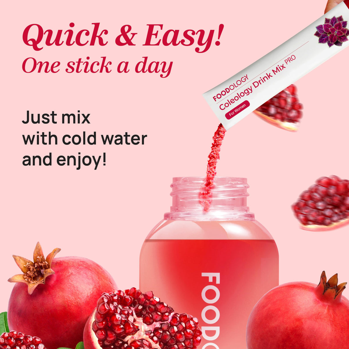 FOODOLOGY Coleology Drink Mix PRO (15days) - Daily Pomegranate Water Mix with Coleus Forskohlii, Banaba Leaf, FOS & Ginkgo – Refreshing Wellness Drink for Body Balance