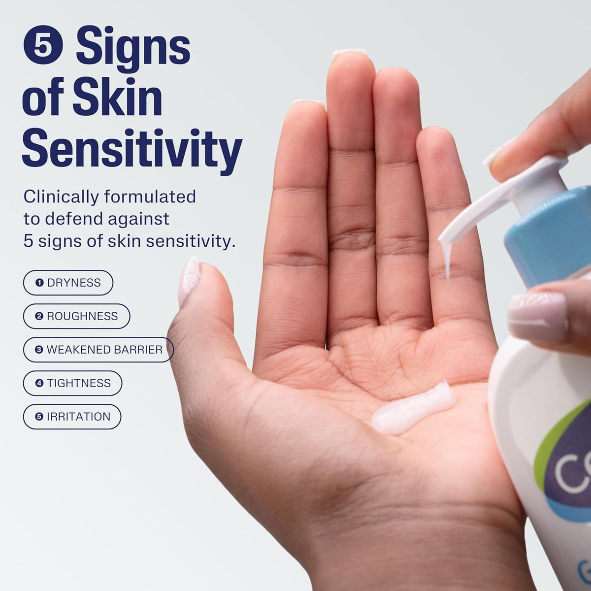 Hand holding a bottle of CETAPHIL with text about skin sensitivity and defense.