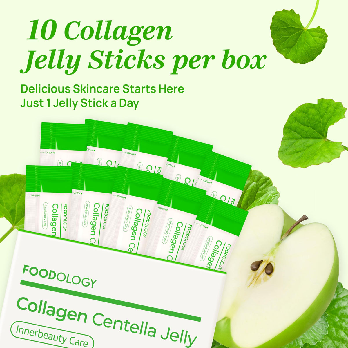 FOODOLOGY Collagen Centella Jelly (Green Apple) – Collagen Peptide with PDRN – Biotin, Vitamin A & E for Skin Glow, Hair & Nails – 10 Sticks