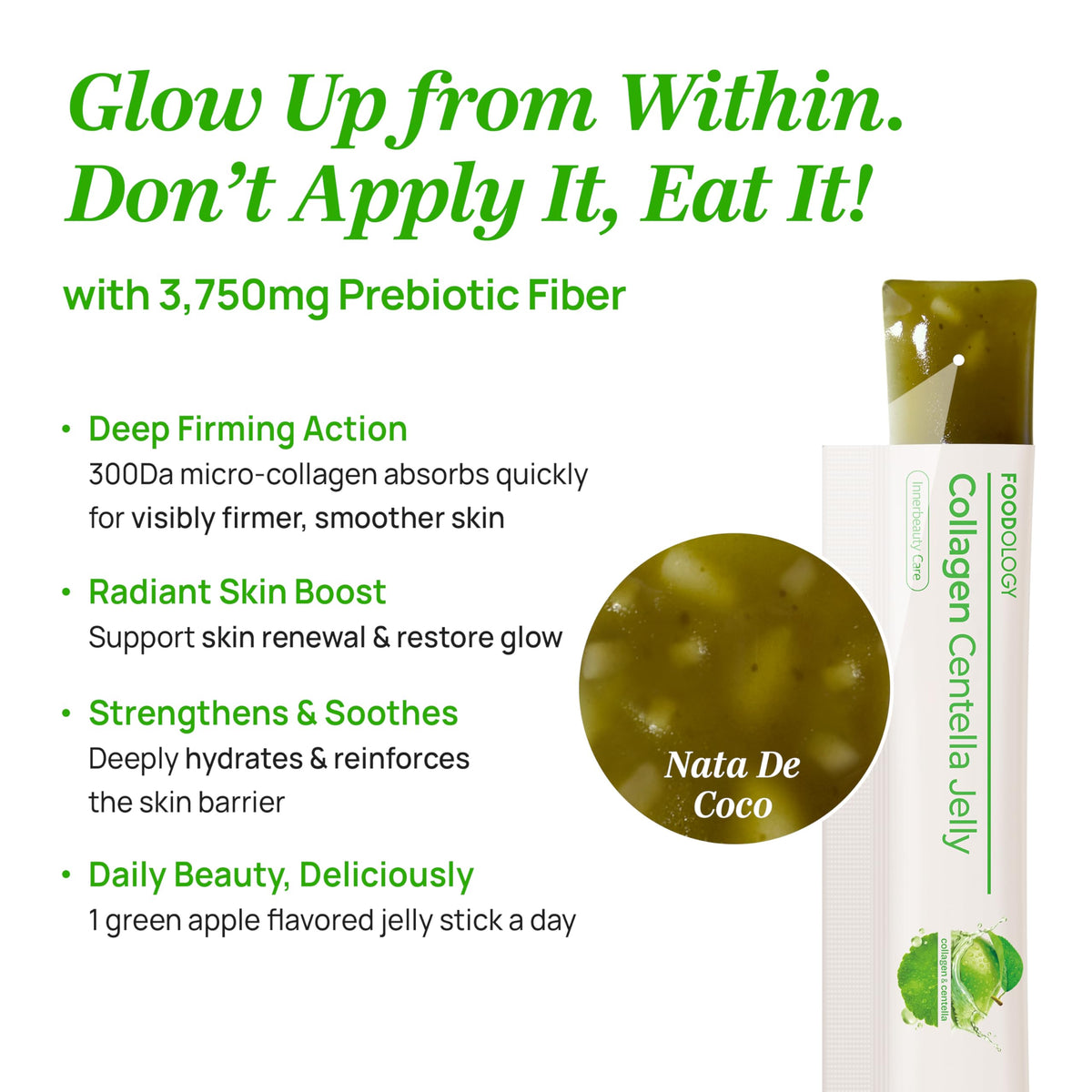 FOODOLOGY Collagen Centella Jelly (Green Apple) – Collagen Peptide with PDRN – Biotin, Vitamin A & E for Skin Glow, Hair & Nails – 10 Sticks