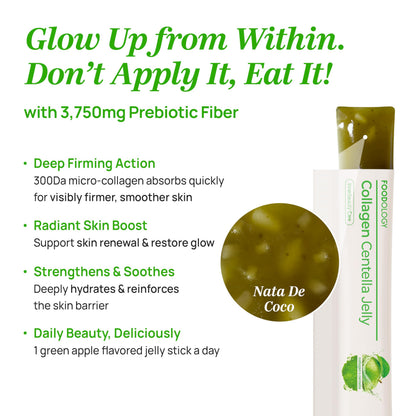 FOODOLOGY Collagen Centella Jelly (Green Apple) – Collagen Peptide with PDRN – Biotin, Vitamin A & E for Skin Glow, Hair & Nails – 10 Sticks
