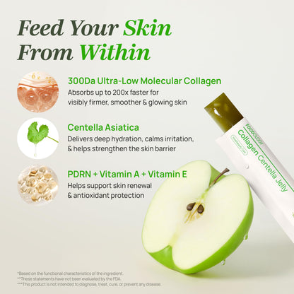 FOODOLOGY Collagen Centella Jelly (Green Apple) – Collagen Peptide with PDRN – Biotin, Vitamin A & E for Skin Glow, Hair & Nails – 10 Sticks