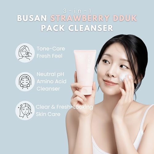 BeBreeze Busan Strawberry Dduk Pack Cleanser – 3-in-1 Korean Pack & Foam Wash with Rice & Strawberry Powder 4.23 oz