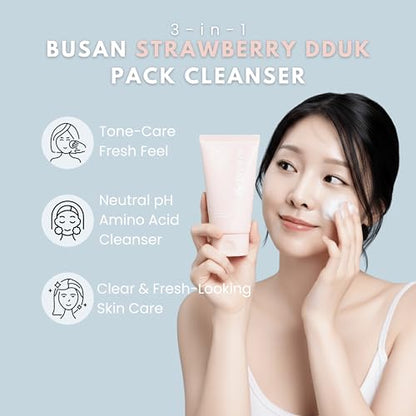 BeBreeze Busan Strawberry Dduk Pack Cleanser – 3-in-1 Korean Pack & Foam Wash with Rice & Strawberry Powder 4.23 oz