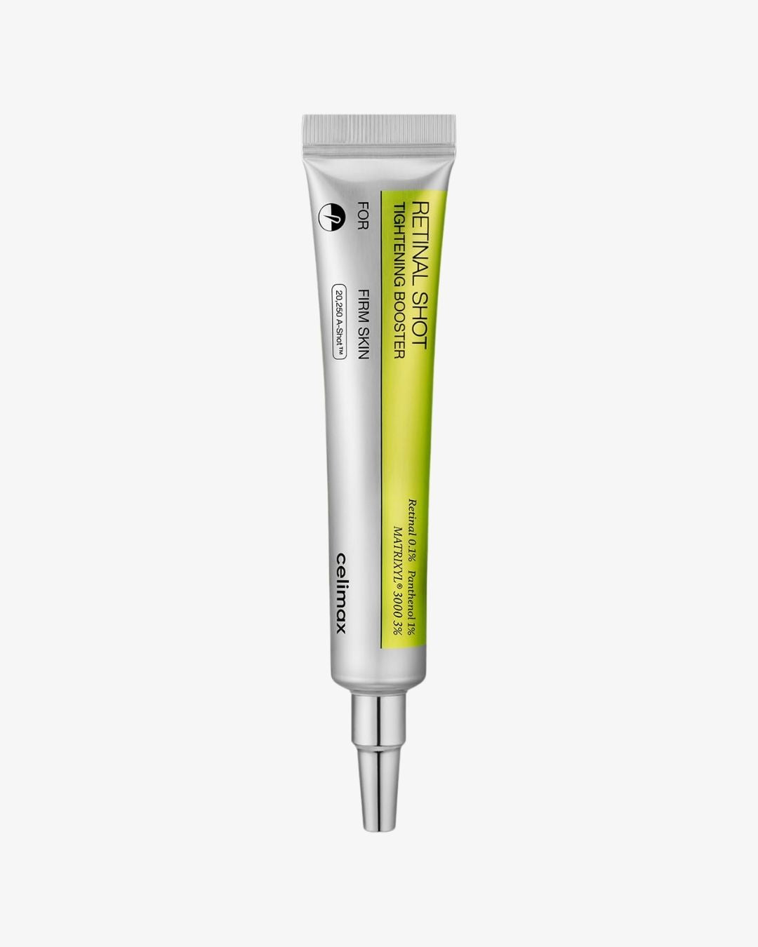 Skincare serum tube with a yellow gel smear on a white background