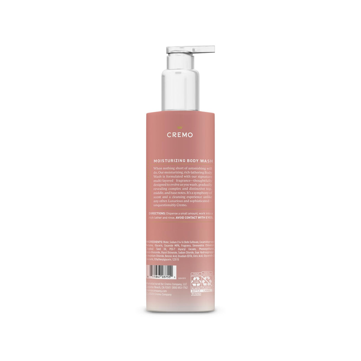 Cremo moisturizing body wash bottle on a white background
