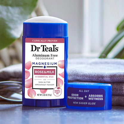 Dr Teal's Aluminum Free Deodorant, Rose & Milk with Essential Oils, 2.65 oz