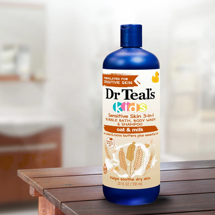 Dr Teal's Kids Sensitive Skin 3-in-1 Bubble Bath, Body Wash & Shampoo with Oat & Milk, 20 fl oz