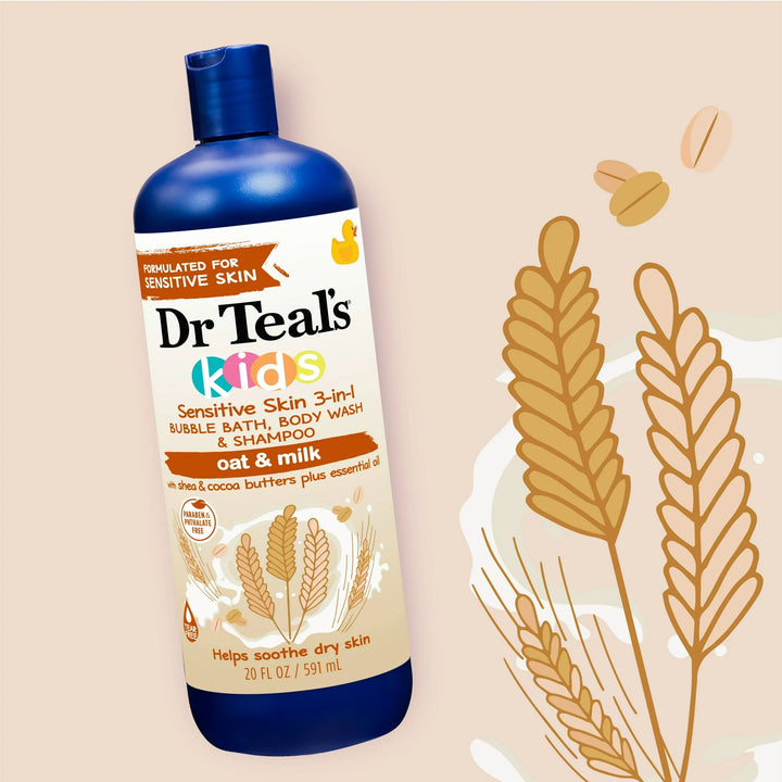 Dr Teal's Kids Sensitive Skin 3-in-1 Bubble Bath, Body Wash & Shampoo with Oat & Milk, 20 fl oz