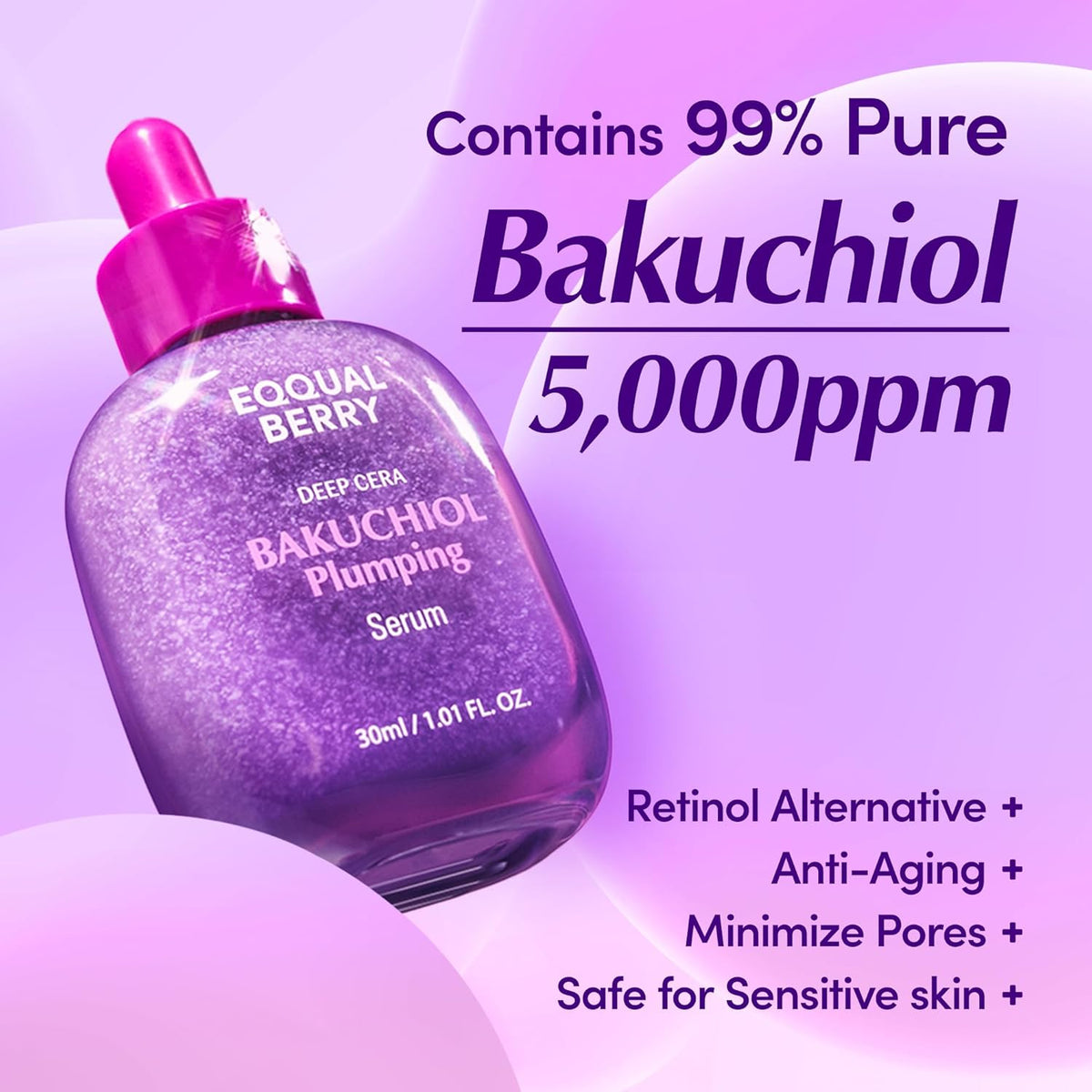EQQUALBERRY Deep Cera Bakuchiol Plumping Serum with text on a purple background and Ingredients