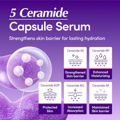 EQQUALBERRY Deep Cera Bakuchiol Plumping Serum, 5 Ceramide Capsule Serum with purple background and text about skin barrier strengthening.