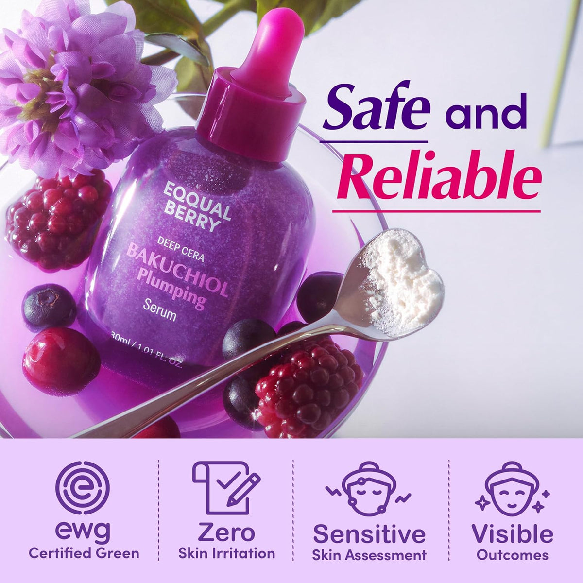 EQQUALBERRY Deep Cera Bakuchiol Plumping Serum with Ceramide, labeled 'Safe and Reliable', on a light purple background.