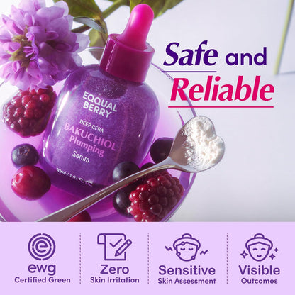 EQQUALBERRY Deep Cera Bakuchiol Plumping Serum with Ceramide, labeled 'Safe and Reliable', on a light purple background.