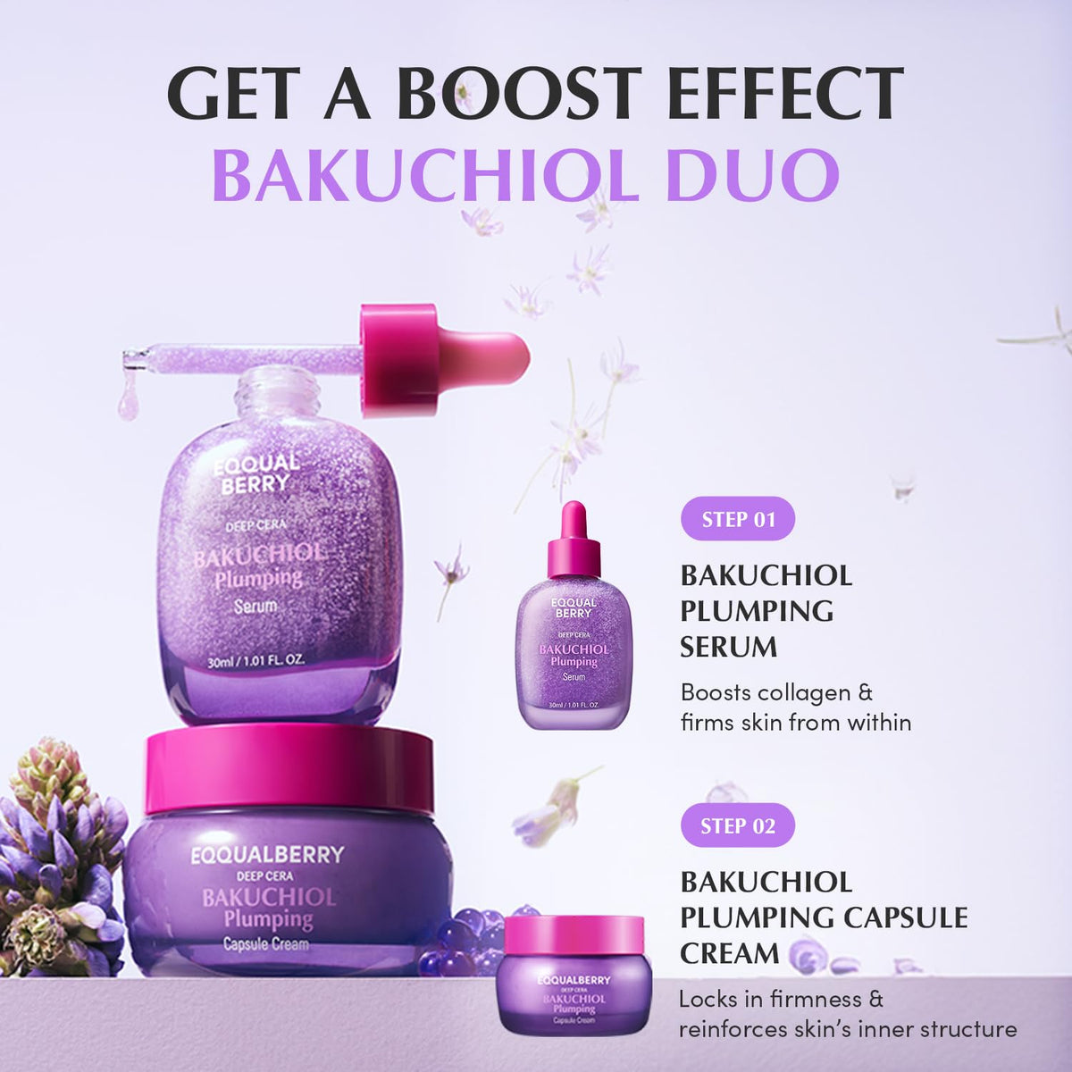 Bakuchiol skincare product set with serum, cream, and capsule on a light purple background.