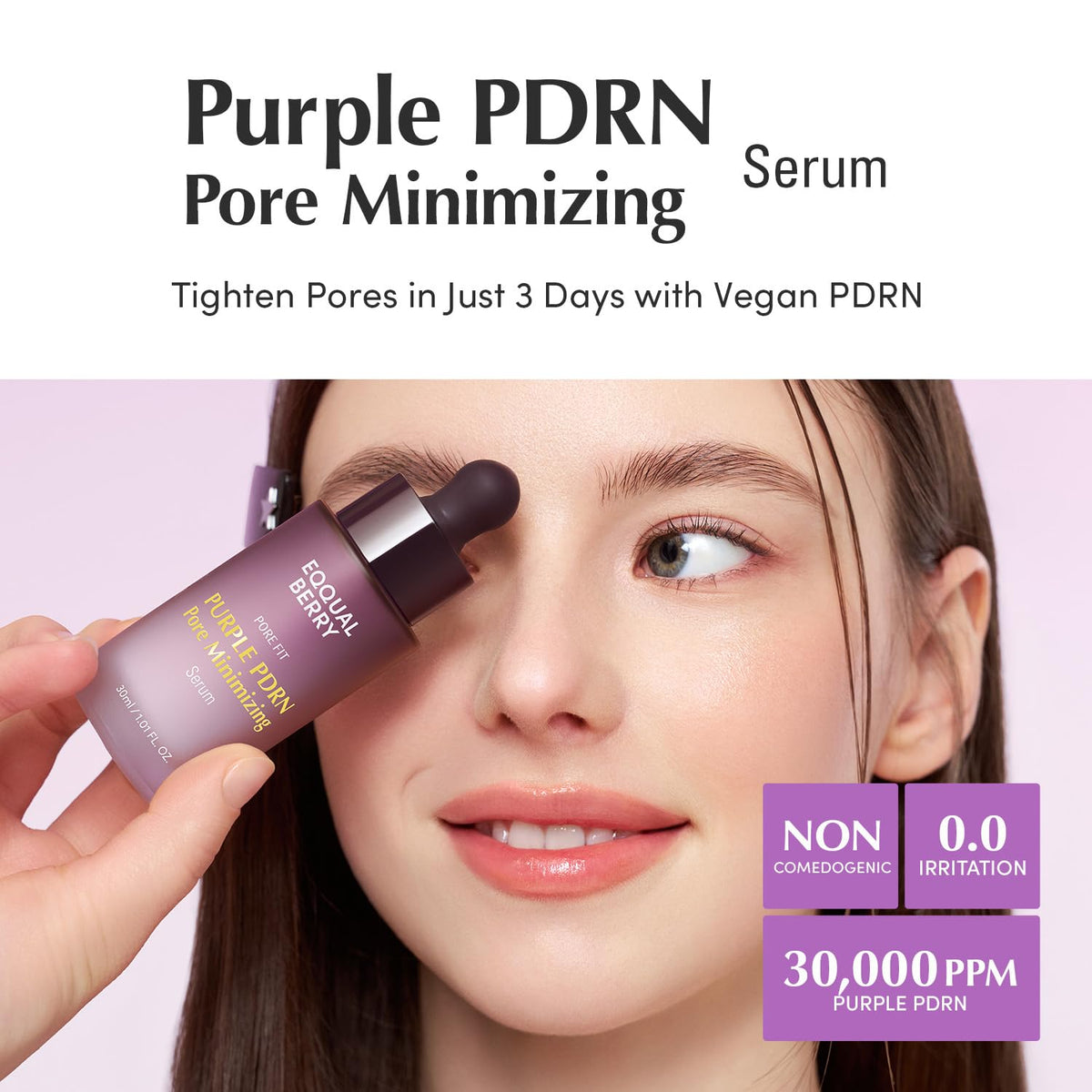 EQQUALBERRY Purple PDRN Pore Minimizing Serum with a woman applying it to her face on a light purple background.