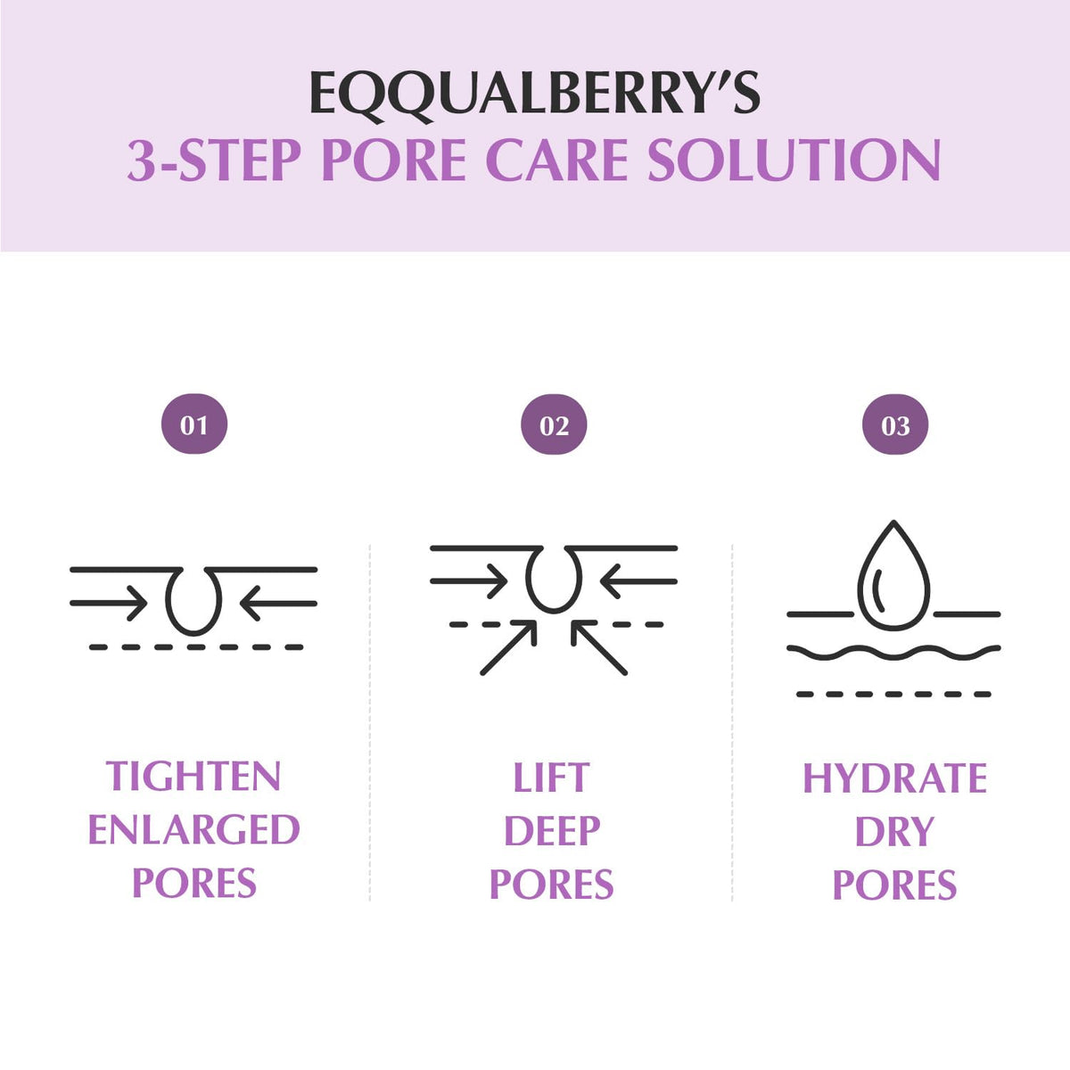 Diagram of Equalberry's 3-step pore care solution on a light purple background