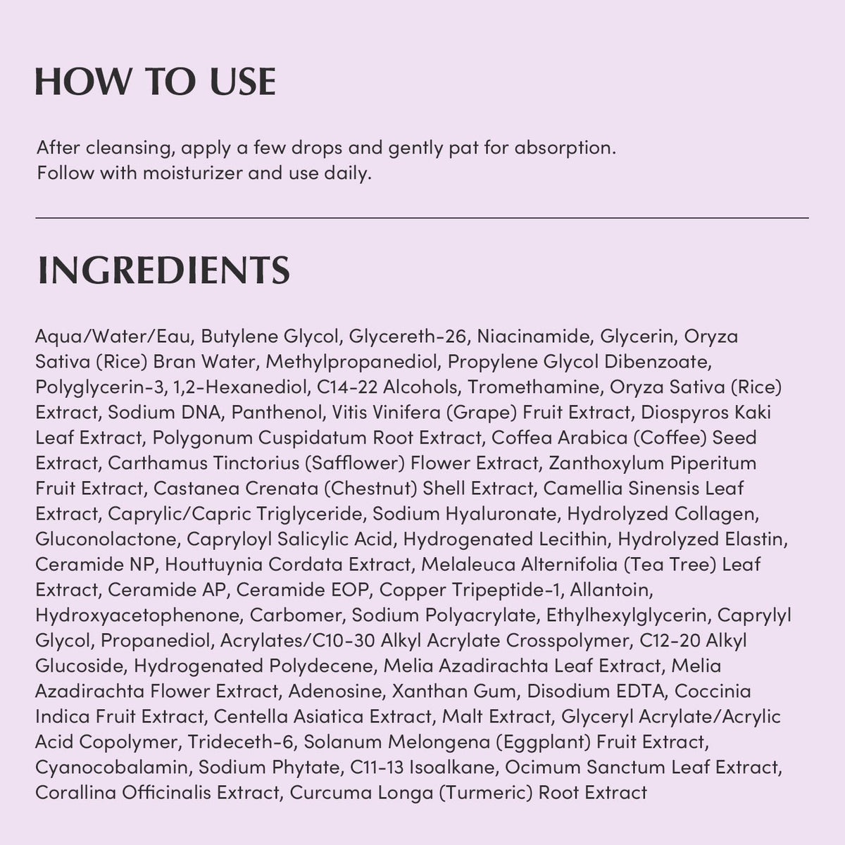 EQQUALBERRY Purple PDRN Pore Minimizing Serum with Panthenol Product usage and ingredient list on a white background