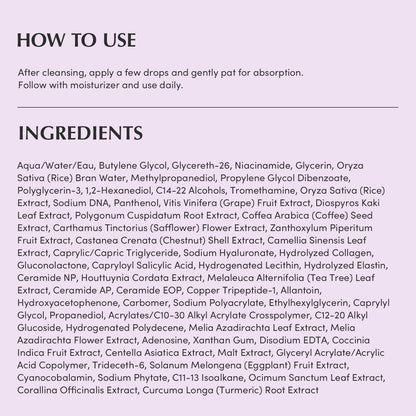 EQQUALBERRY Purple PDRN Pore Minimizing Serum with Panthenol Product usage and ingredient list on a white background
