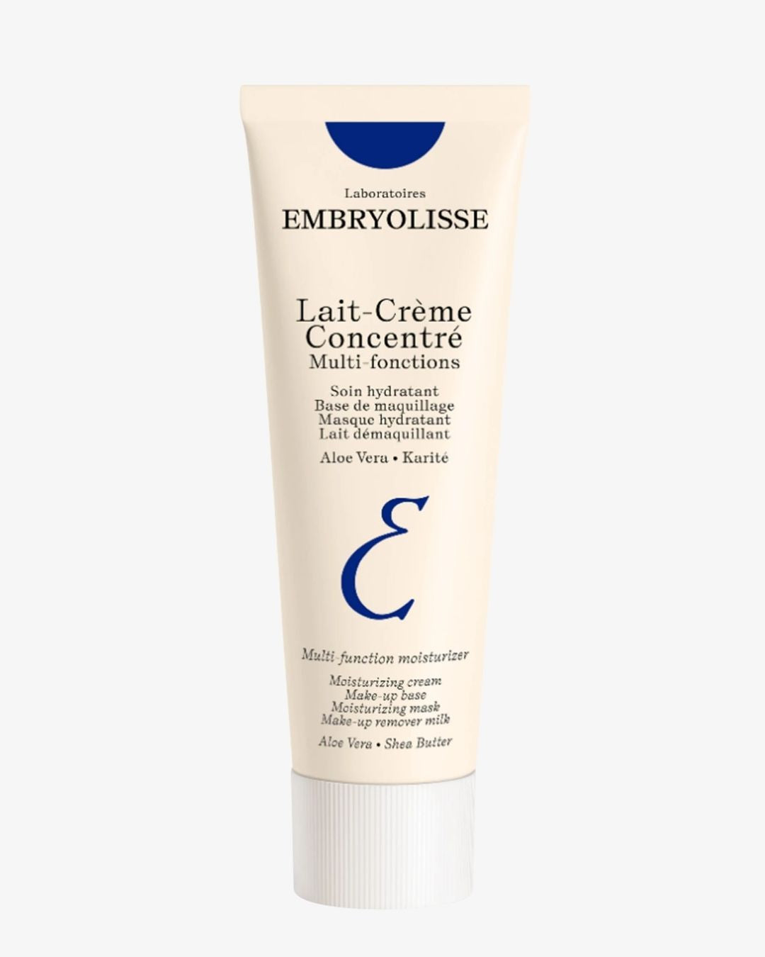 A single tube of EMBRYOLISSE Labo Lait-Crème Concentré Multi-fonctions moisturizing cream, featuring a cream-colored tube with blue branding and text, set against a plain light gray background.