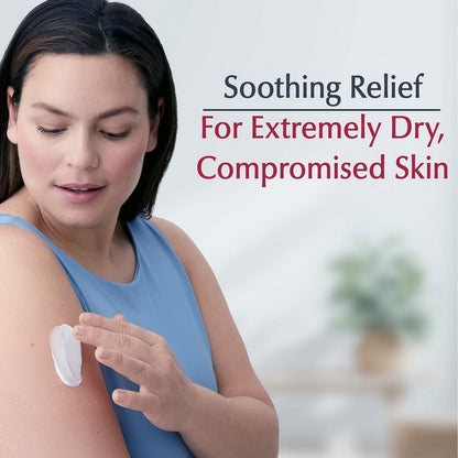 Woman applying Eucerin Original Healing Rich Creme to her arm with text 'Soothing Relief For Extremely Dry, Compromised Skin' on a blurred background