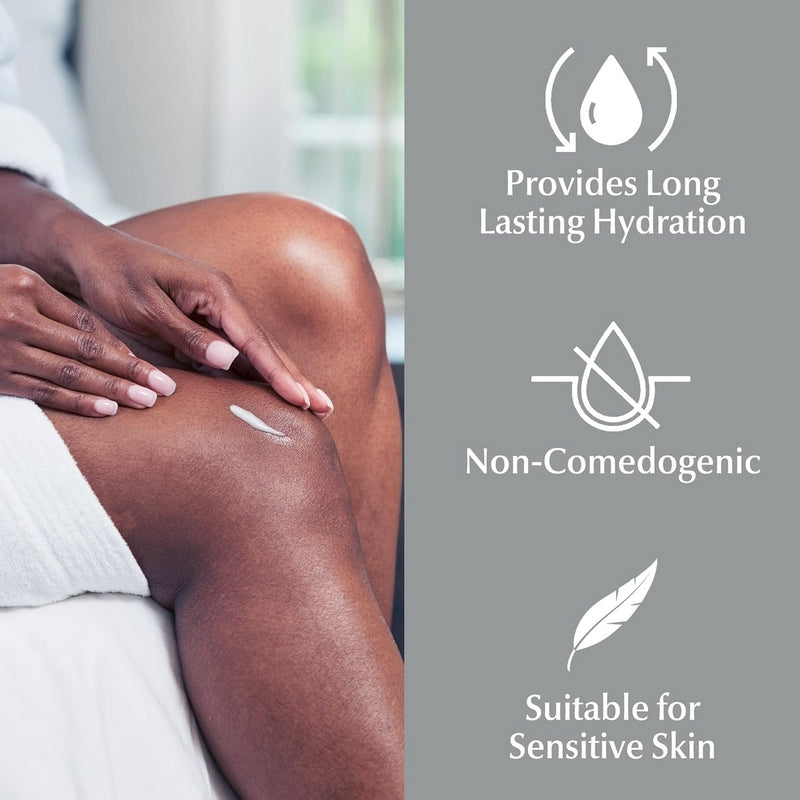 Person applying Eucerin Original Healing Rich Creme to their leg with product features on the side